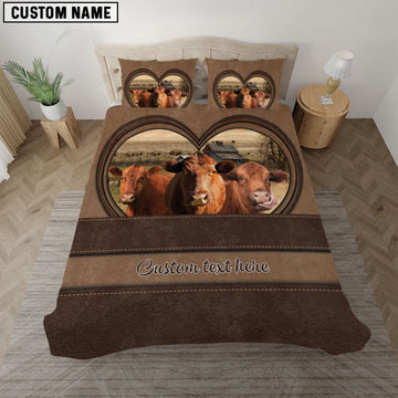 Red Angus In Heart Custom Name Bedding Set, Farm Bedding Set, Farmhouse Bedding Set