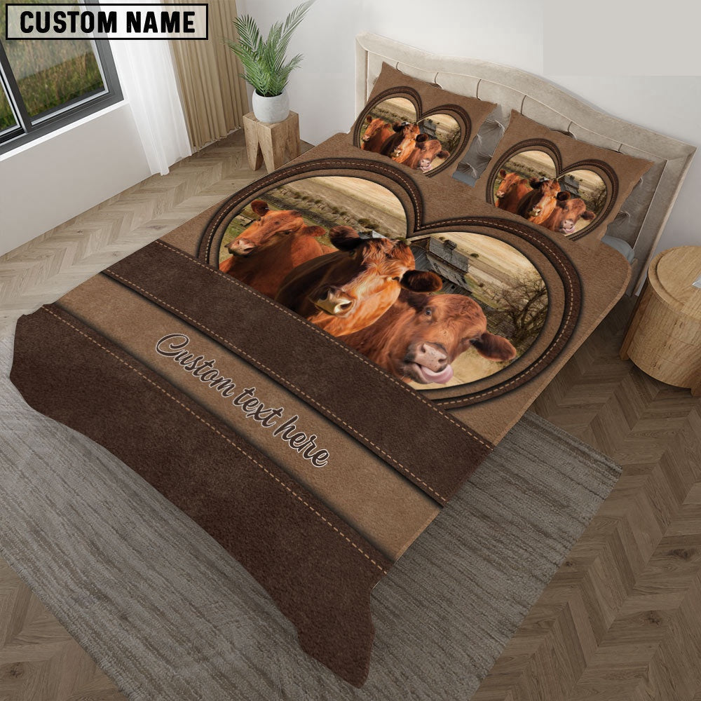 Red Angus In Heart Custom Name Bedding Set, Farm Bedding Set, Farmhouse Bedding Set