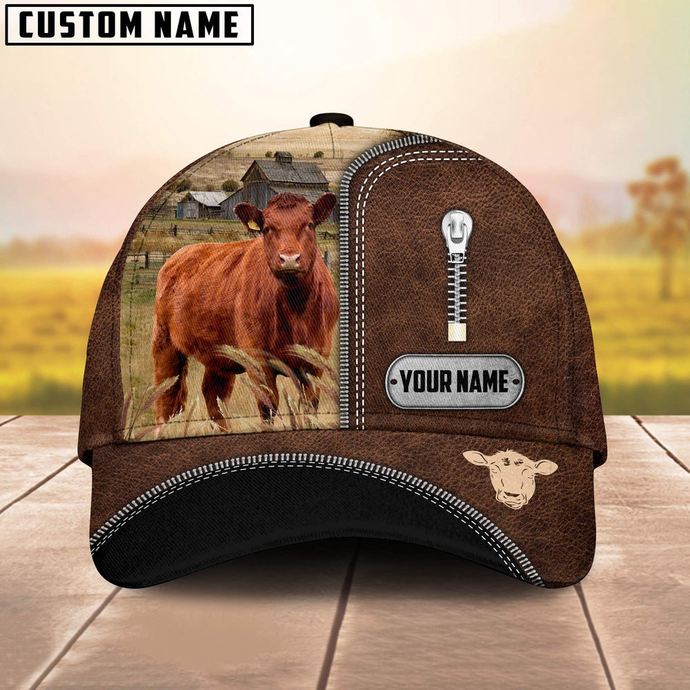 Red Angus Leather Zip Pattern Customized Name Cap, Farmer Cap, Cap For Farmers, Best Farm Hat, Farm Use Hat