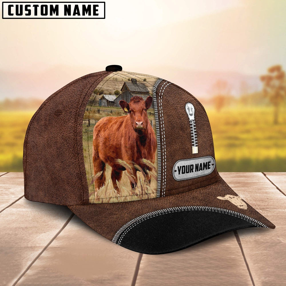 Red Angus Leather Zip Pattern Customized Name Cap, Farmer Cap, Cap For Farmers, Best Farm Hat, Farm Use Hat