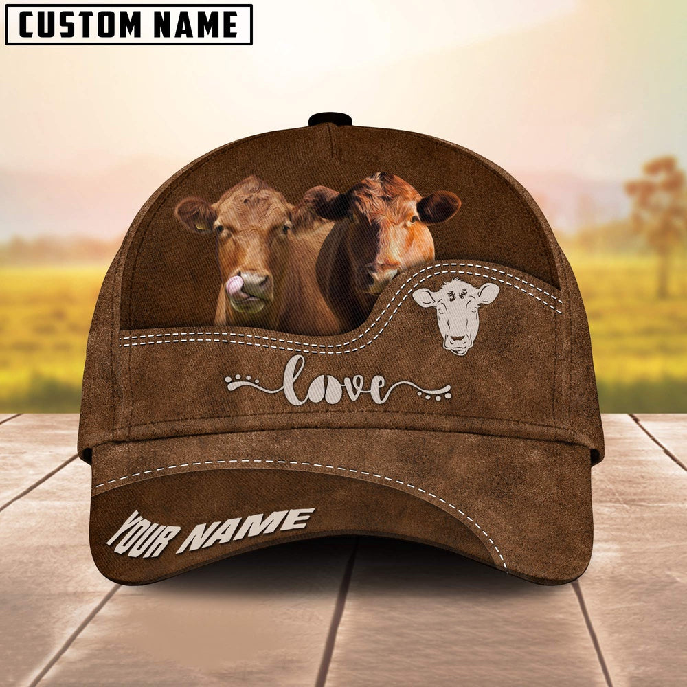 Red Angus Love Leather Pattern Customized Name Cap, Farmer Cap, Cap For Farmers, Best Farm Hat, Farm Use Hat