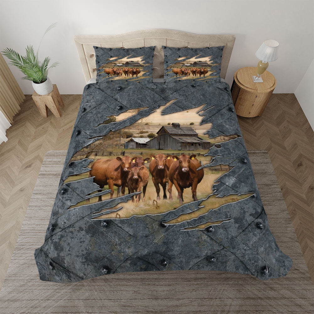 Red Angus On The Farm Customized Name Bedding Set, Farm Bedding Set, Farmhouse Bedding Set