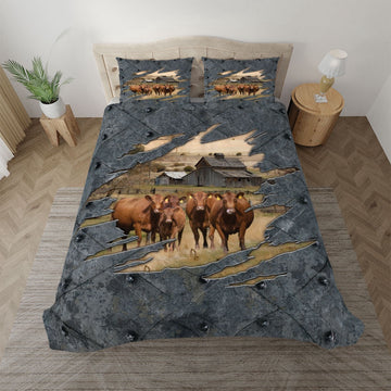 Red Angus On The Farm Customized Name Bedding Set, Farm Bedding Set, Farmhouse Bedding Set