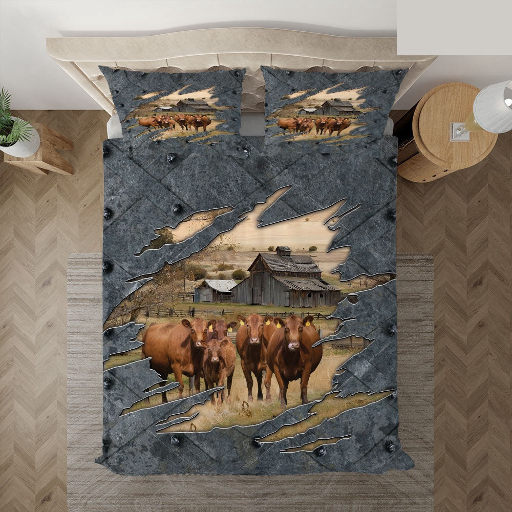Red Angus On The Farm Customized Name Bedding Set, Farm Bedding Set, Farmhouse Bedding Set