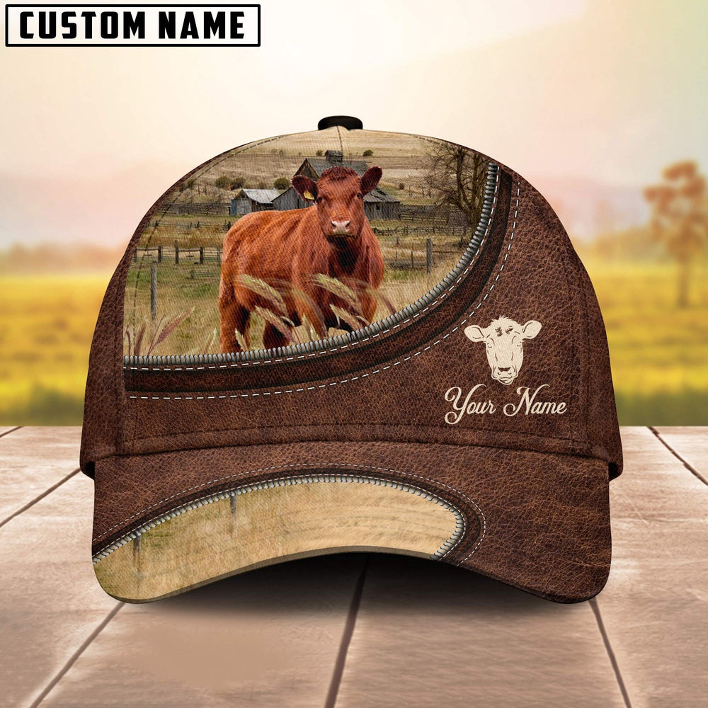 Red Angus On The Farm Customized Name Leather Pattern Cap, Farmer Cap, Cap For Farmers, Best Farm Hat, Farm Use Hat