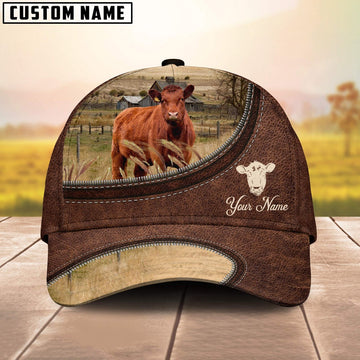 Red Angus On The Farm Customized Name Leather Pattern Cap, Farmer Cap, Cap For Farmers, Best Farm Hat, Farm Use Hat
