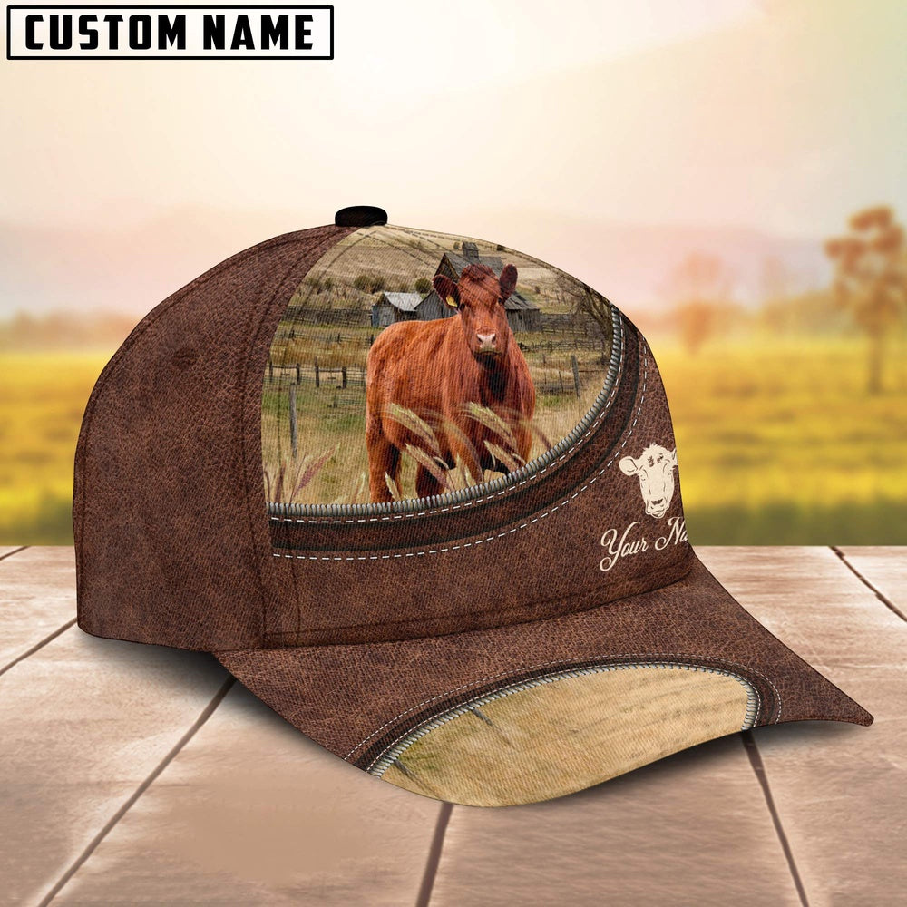 Red Angus On The Farm Customized Name Leather Pattern Cap, Farmer Cap, Cap For Farmers, Best Farm Hat, Farm Use Hat