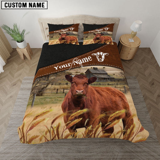 Red Angus On The Field Customized Name Bedding Set, Farm Bedding Set, Farmhouse Bedding Set