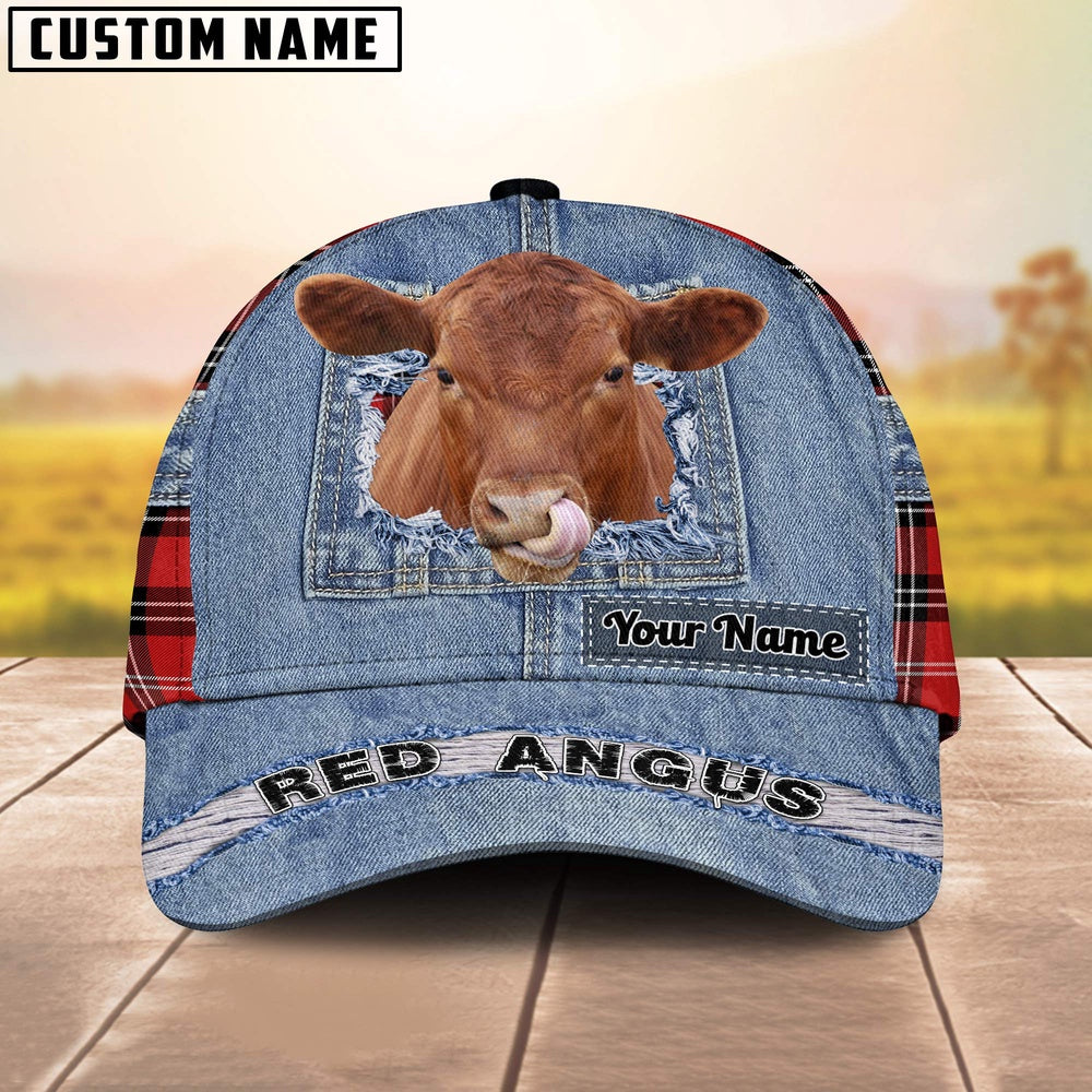 Red Angus Overall Jeans Pattern And Red Caro Pattern Customized Name Cap, Farmer Cap, Cap For Farmers, Best Farm Hat, Farm Use Hat