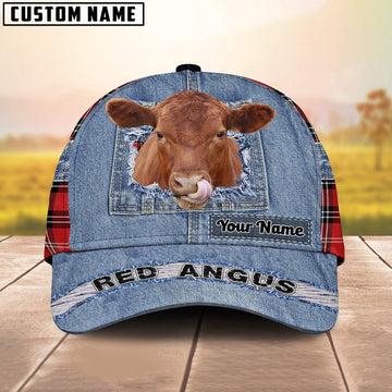 Red Angus Overall Jeans Pattern And Red Caro Pattern Customized Name Cap, Farmer Cap, Cap For Farmers, Best Farm Hat, Farm Use Hat
