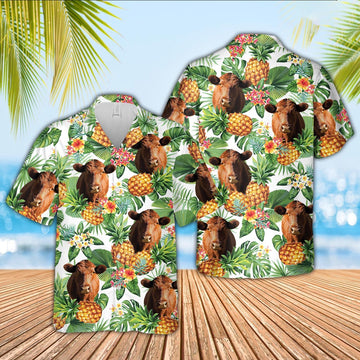 Red Angus Pineapple Pattern 3D Hawaiian Shirt, Farm Hawaiian Shirt, Farmer Hawaii