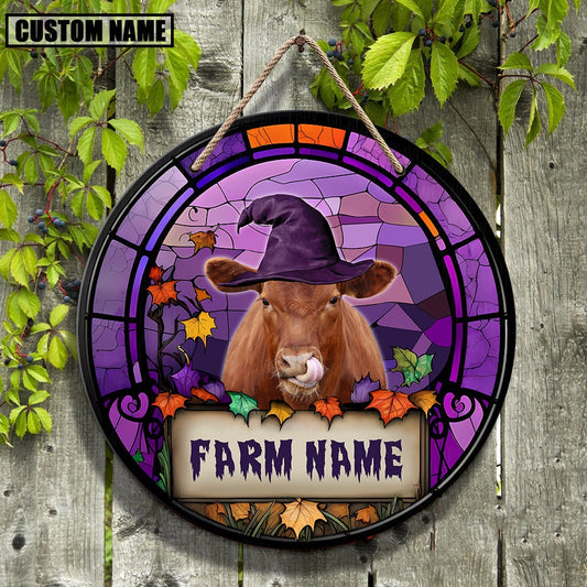 Red Angus Stained Glass Effect Happy Halloween Wooden Sign, Farm Wood Sign, Farm House Wood Signs