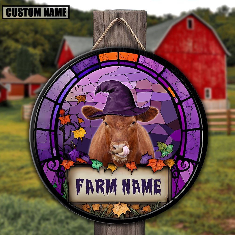 Red Angus Stained Glass Effect Happy Halloween Wooden Sign, Farm Wood Sign, Farm House Wood Signs