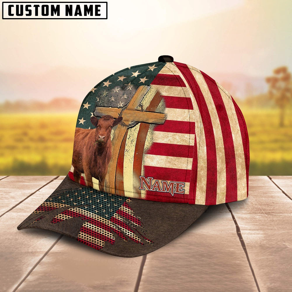Red Angus USA Flag Customized Name Cap, Farmer Cap, Cap For Farmers, Best Farm Hat, Farm Use Hat