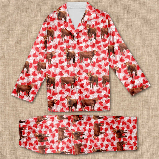 Red Angus Valentine Pattern All Over Print Pajamas Sets, Farm Pajamas, Farm Animal Pajamas, Christmas Farm Pajamas