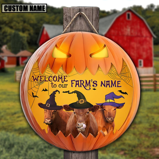 Red Angus Welcome To Our Farm Pumpkin Pattern Happy Halloween Wooden Sign, Farm Wood Sign, Farm House Wood Signs