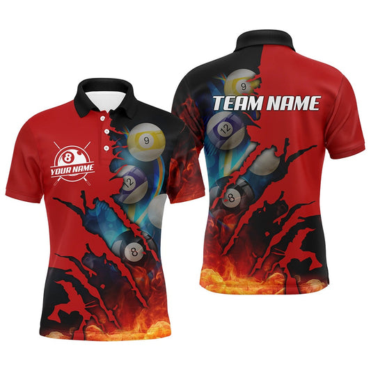 Red Billiard Balls Scratches 3D Fire Personalized Name Polo Shirts Custom Pool Player Shirts, Billiard Team Polo Shirts