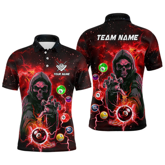 Red Billiard Death Skeleton Polo Shirts Customized Team League Billiard Polo, Billiard Team Polo Shirts
