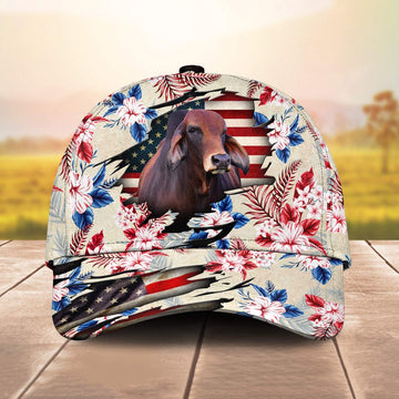 Red Brahman American Flag Flowers Pattern Cap, Farmer Cap, Vintage Farmer Hat, Mens Farmer Hats, Cap For Farmers