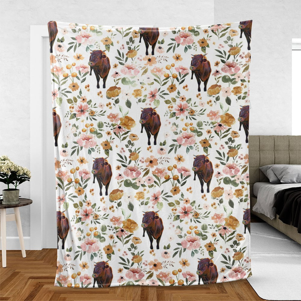 Red Brahman Floral Pattern Blanket, Farm Blanket, Farm Animal Blanket