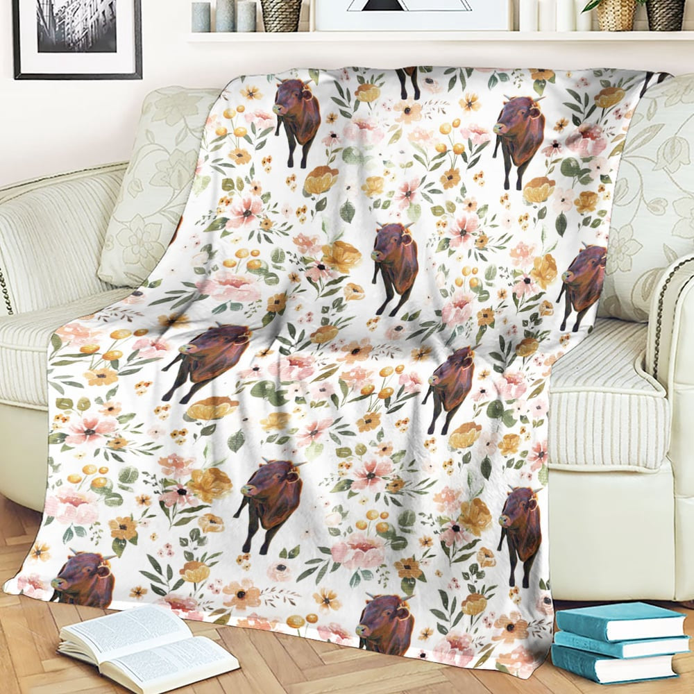Red Brahman Floral Pattern Blanket, Farm Blanket, Farm Animal Blanket