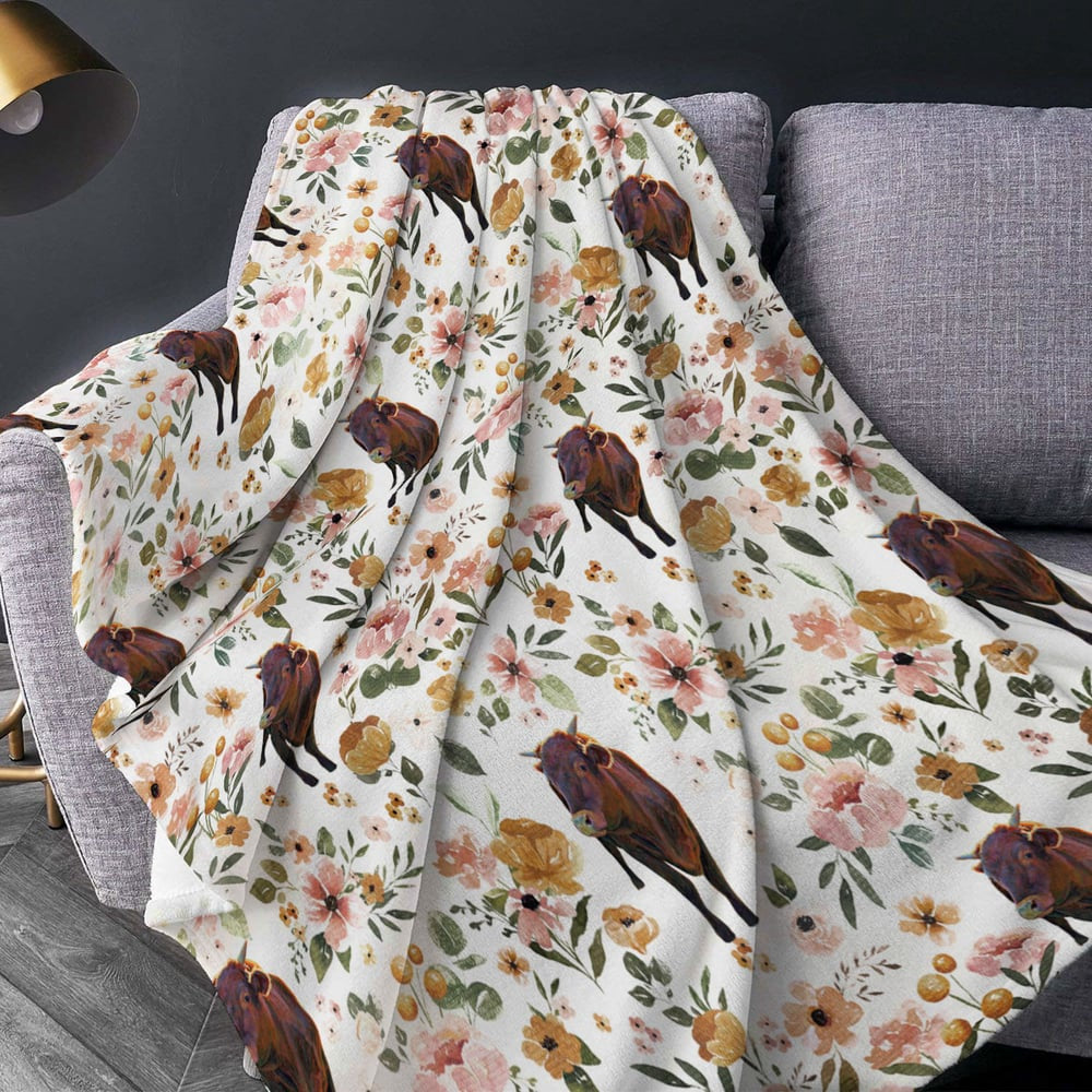 Red Brahman Floral Pattern Blanket, Farm Blanket, Farm Animal Blanket