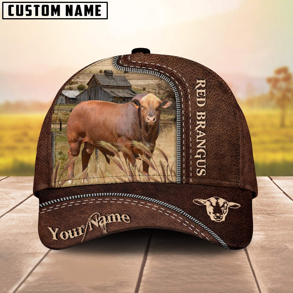 Red Brangus Customized Name Leather Pattern Cap, Farmer Cap, Cap For Farmers, Best Farm Hat, Farm Use Hat