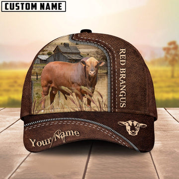 Red Brangus Customized Name Leather Pattern Cap, Farmer Cap, Cap For Farmers, Best Farm Hat, Farm Use Hat