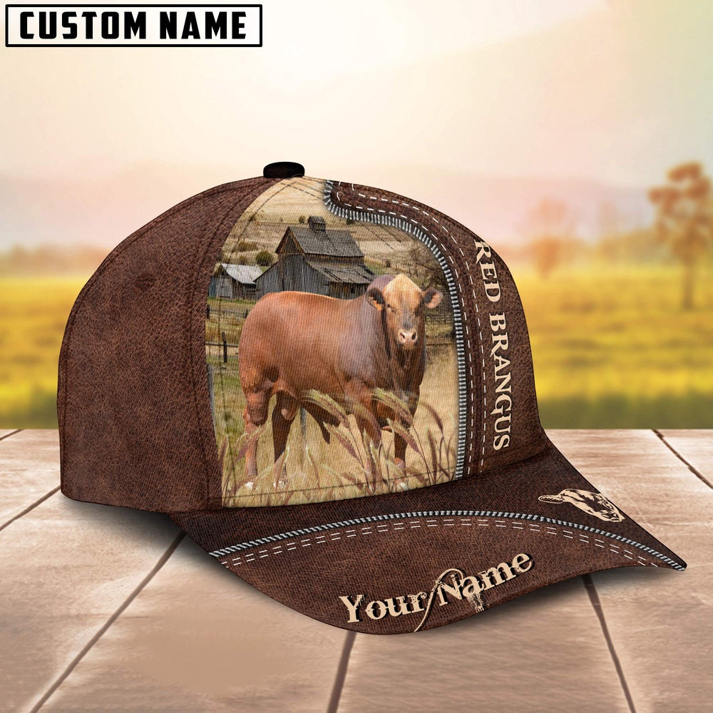 Red Brangus Customized Name Leather Pattern Cap, Farmer Cap, Cap For Farmers, Best Farm Hat, Farm Use Hat