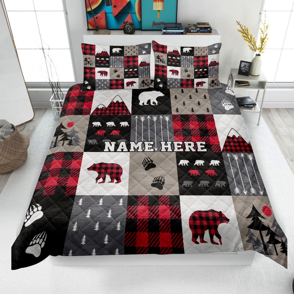 Red Buffalo Plaid Bedding Set & Pillowcases, Bear Cabin Quilt Bedding Set, Christmas Beddings, Xmas Bedding Sets