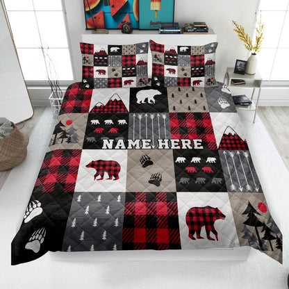 Red Buffalo Plaid Bedding Set & Pillowcases, Bear Cabin Quilt Bedding Set, Christmas Beddings, Xmas Bedding Sets