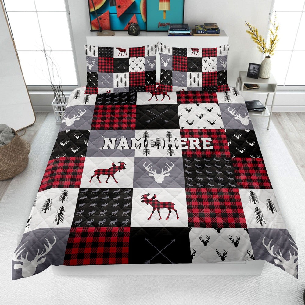 Red Buffalo Plaid Bedding Set & Pillowcases, Elk Quilt Bedding Set, Christmas Beddings, Xmas Bedding Sets
