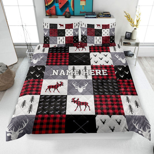 Red Buffalo Plaid Bedding Set & Pillowcases, Elk Quilt Bedding Set, Christmas Beddings, Xmas Bedding Sets