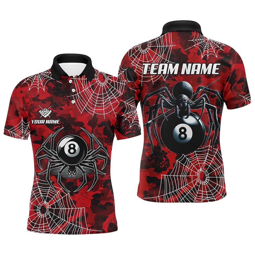 Red Camo Billiard Spider Cobweb Custom Polo Shirts, Unique 8 Ball Pool Polo, Billiard Team Polo Shirts