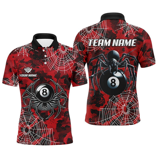 Red Camo Billiard Spider Cobweb Custom Polo Shirts, Unique 8 Ball Pool Polo, Billiard Team Polo Shirts