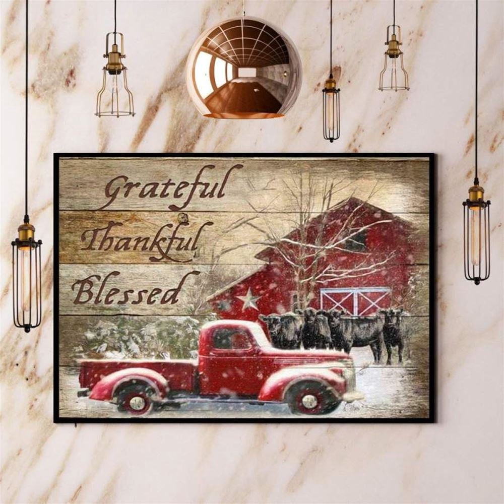 Red Car Cow In Snow Winter Farm House Greatful Thankful Blessed Merry Christmast Canvas, Farm Canvas, Farm Gift, Farm Home Decor