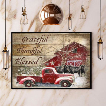 Red Car Cow In Snow Winter Farm House Greatful Thankful Blessed Merry Christmast Canvas, Farm Canvas, Farm Gift, Farm Home Decor