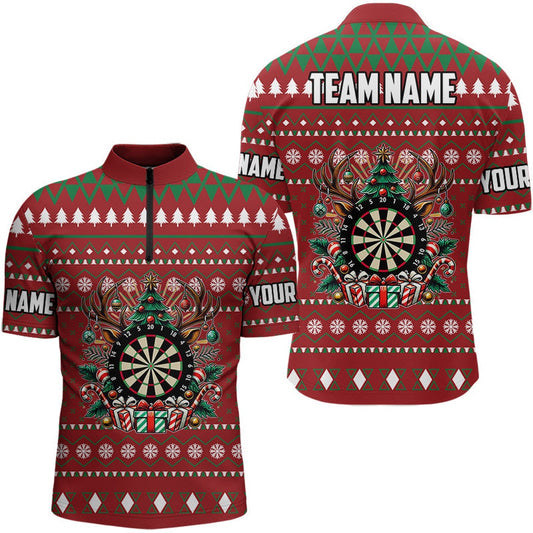 Red Christmas Pattern Custom Dart Shirts For Men, Funny Darts Christmas Gifts Xmas Dart Jersey, Darts Team Jersey Shirt