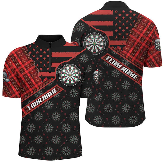 Red Darts Christmas American Flag Pattern Custom Dart Shirts For Men, Xmas Dart Jerseys Dart Gift, Darts Team Jersey Shirt