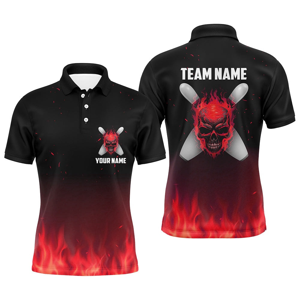 Red Flame Skull Bowling Polo Shirts Men Personalized Team Bowling Polo Halloween Outfits, Bowling Team Shirts