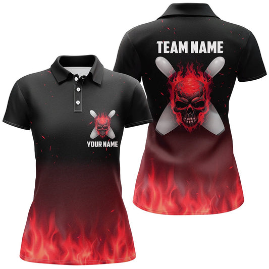 Red Flame Skull Ladies Bowling Polo Shirts Custom Team Bowling Polo Halloween Outfits, Bowling Team Shirts