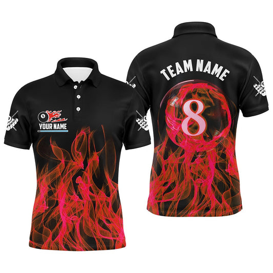 Red Flaming 8 Ball Pool Custom Billiard Polo Shirts, 3D Pool Player Shirts Polo, Billiard Team Polo Shirts