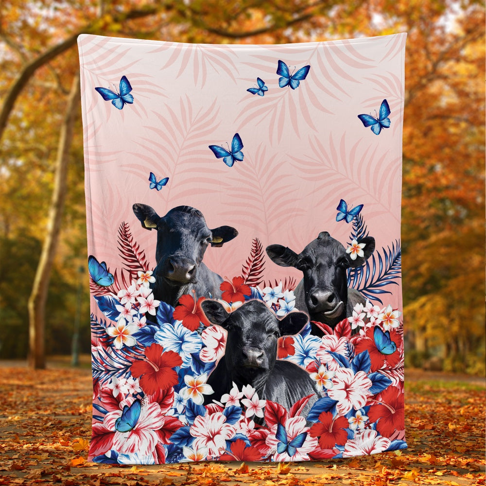 Red Floral Black Angus For Cattle Lover All Printed 3D Blanket, Farm Blanket, Farm Animal Blanket
