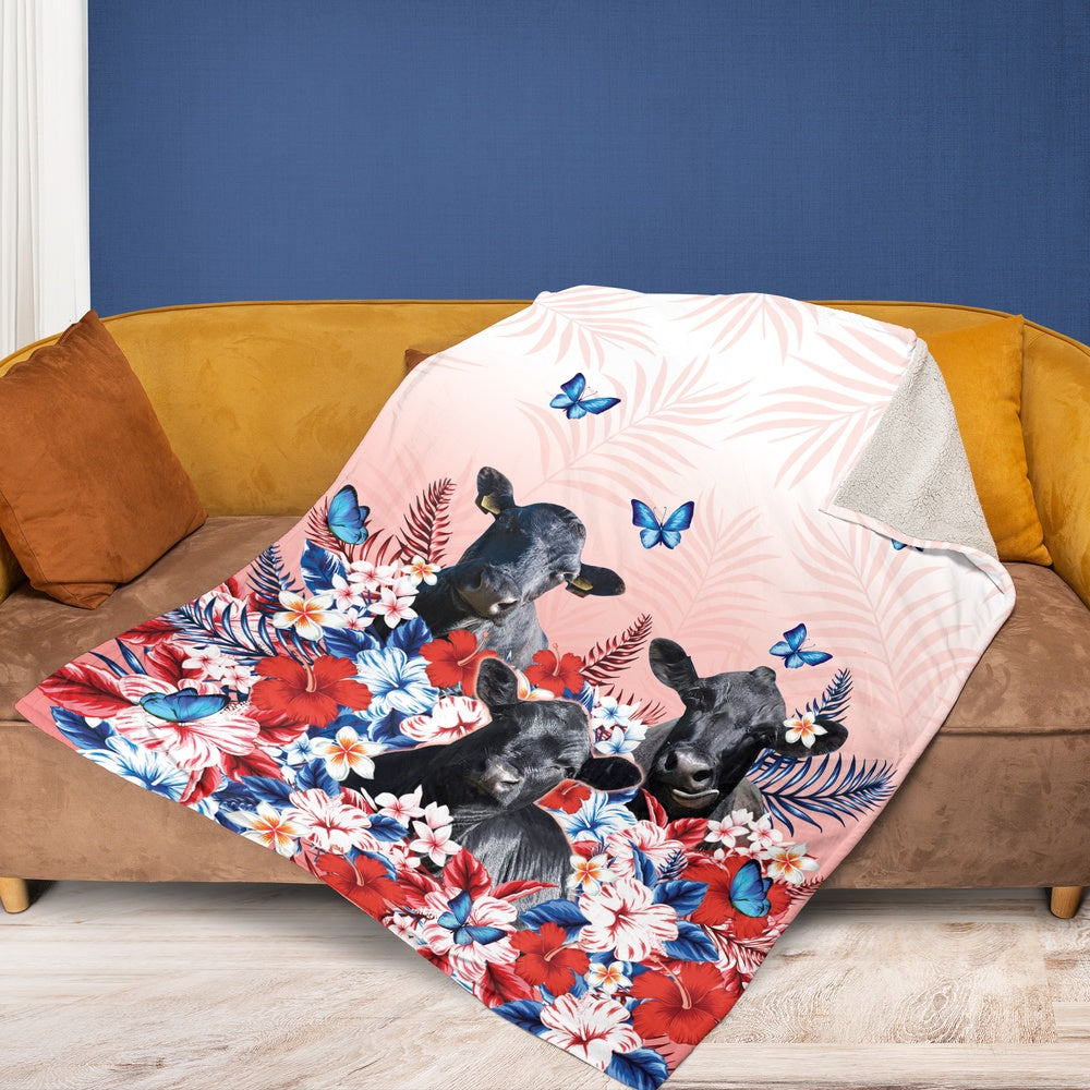 Red Floral Black Angus For Cattle Lover All Printed 3D Blanket, Farm Blanket, Farm Animal Blanket