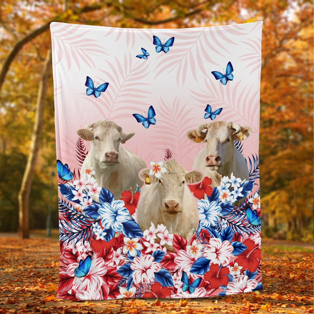 Red Floral Charolais For Cattle Lover All Printed 3D Blanket, Farm Blanket, Farm Animal Blanket