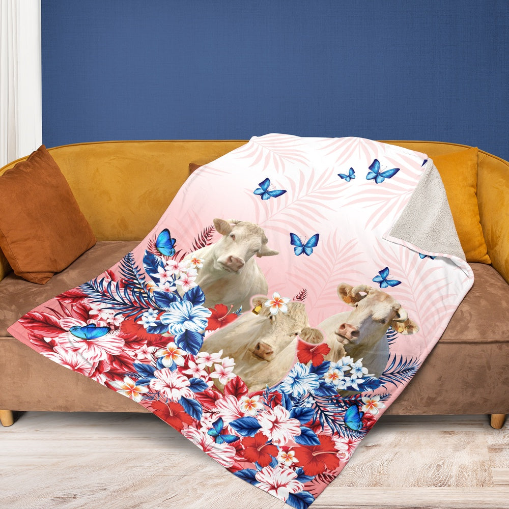 Red Floral Charolais For Cattle Lover All Printed 3D Blanket, Farm Blanket, Farm Animal Blanket