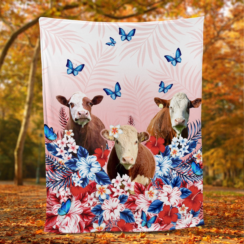 Red Floral Hereford For Cattle Lover All Printed 3D Blanket, Farm Blanket, Farm Animal Blanket