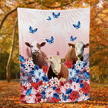 Red Floral Hereford For Cattle Lover All Printed 3D Blanket, Farm Blanket, Farm Animal Blanket