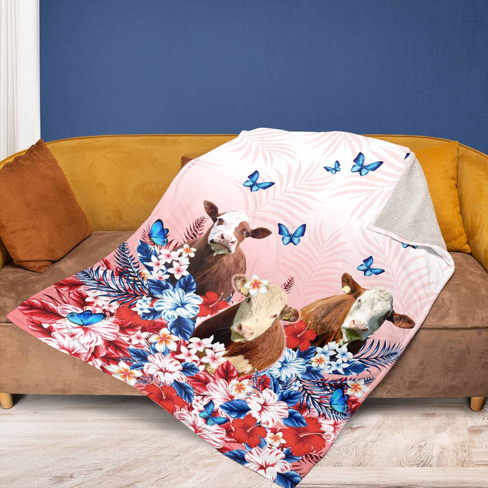 Red Floral Hereford For Cattle Lover All Printed 3D Blanket, Farm Blanket, Farm Animal Blanket