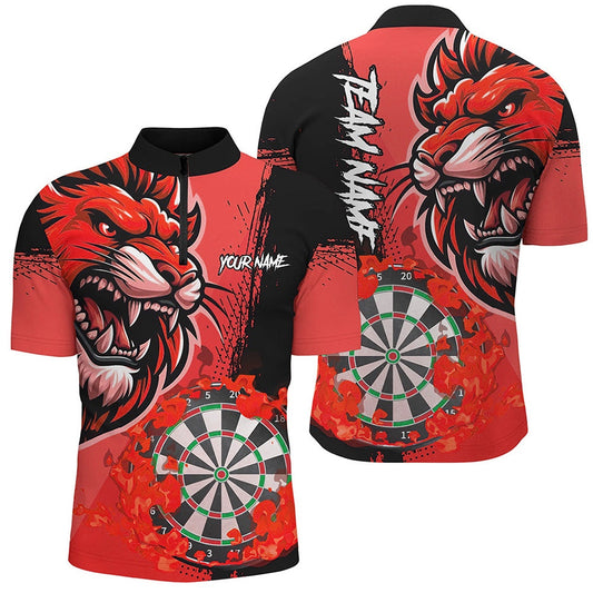 Red Funny Darts Flame Lion Custom Jersey, Personalized Men Dart Shirts Dart Jersey, Darts Team Jersey Shirt